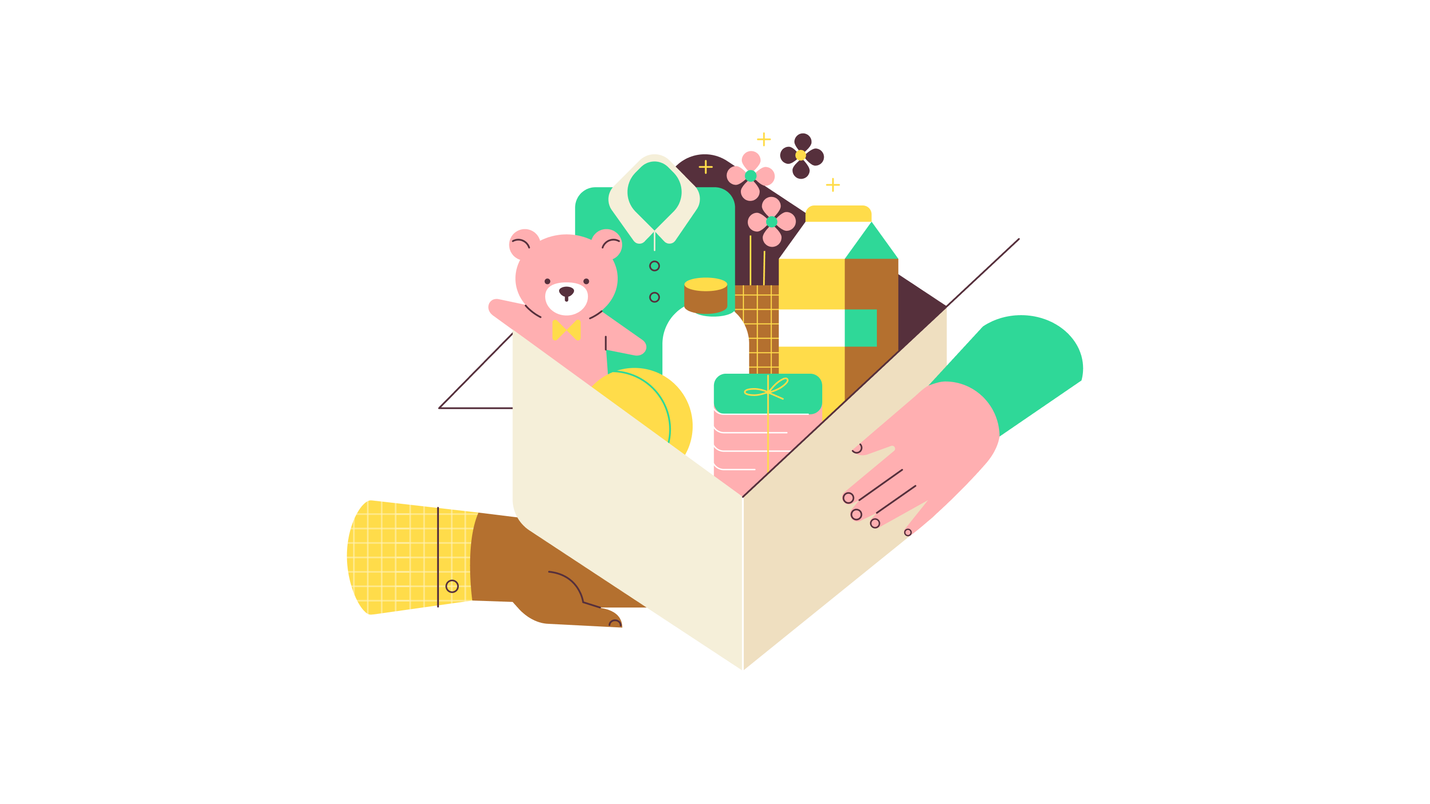 Two hands hold a cardboard donation box filled with food supplies, groceries, and a teddy bear.