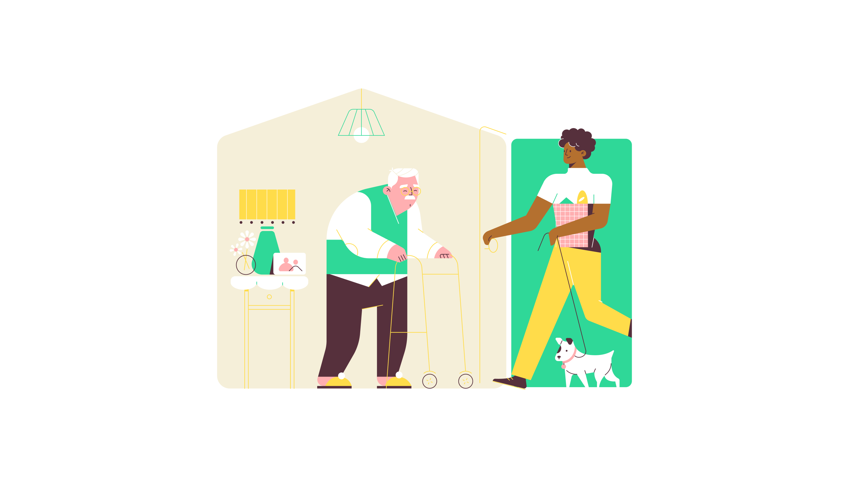 A care worker with a small dog greets an elderly man using a walking frame at his front door.