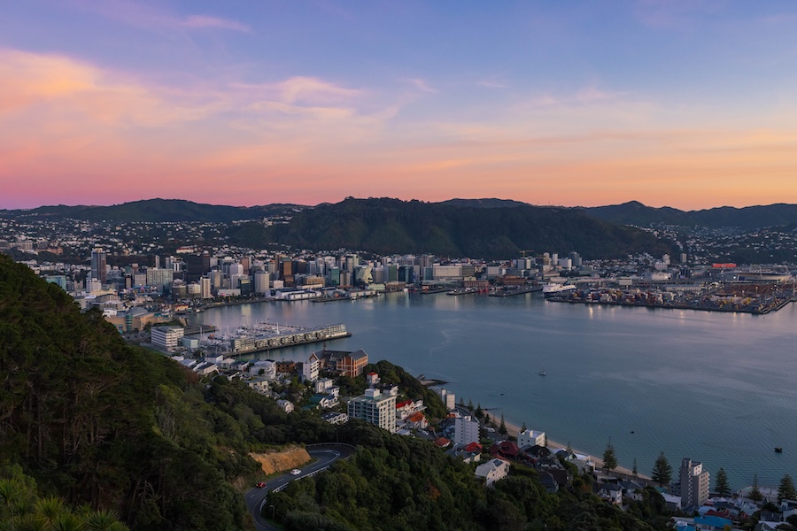 Wellington harbour landscape at sunset